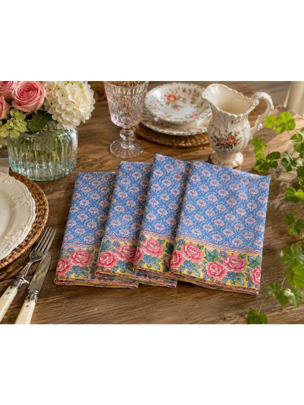 Midwest Importers Set of 4 Floral Cotton Cloth Napkins Blue Pink Roses 18x18